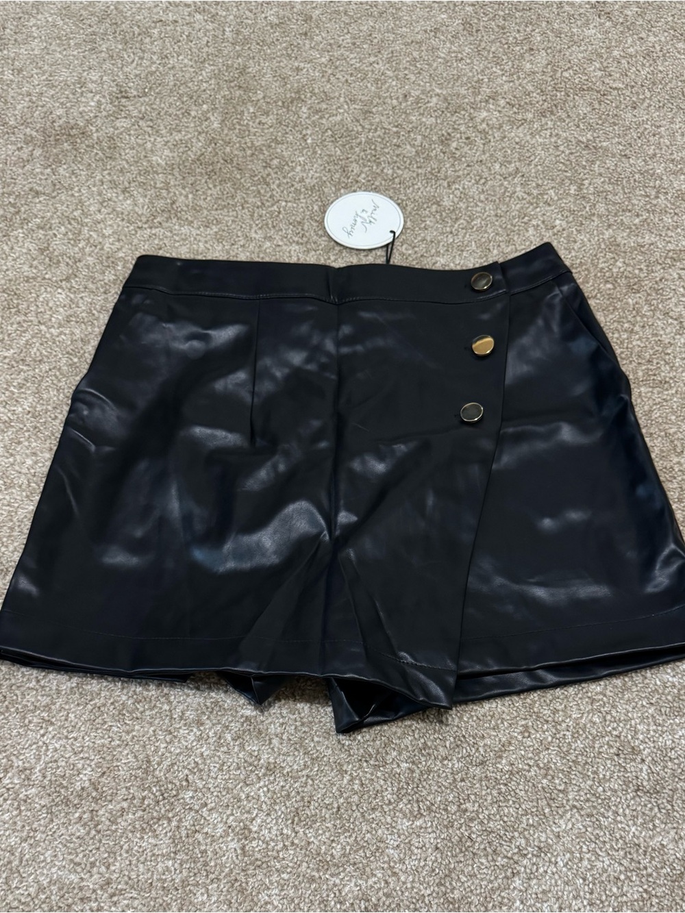 High-Rise Black Faux Leather Skort with Decorative Gold Buttons